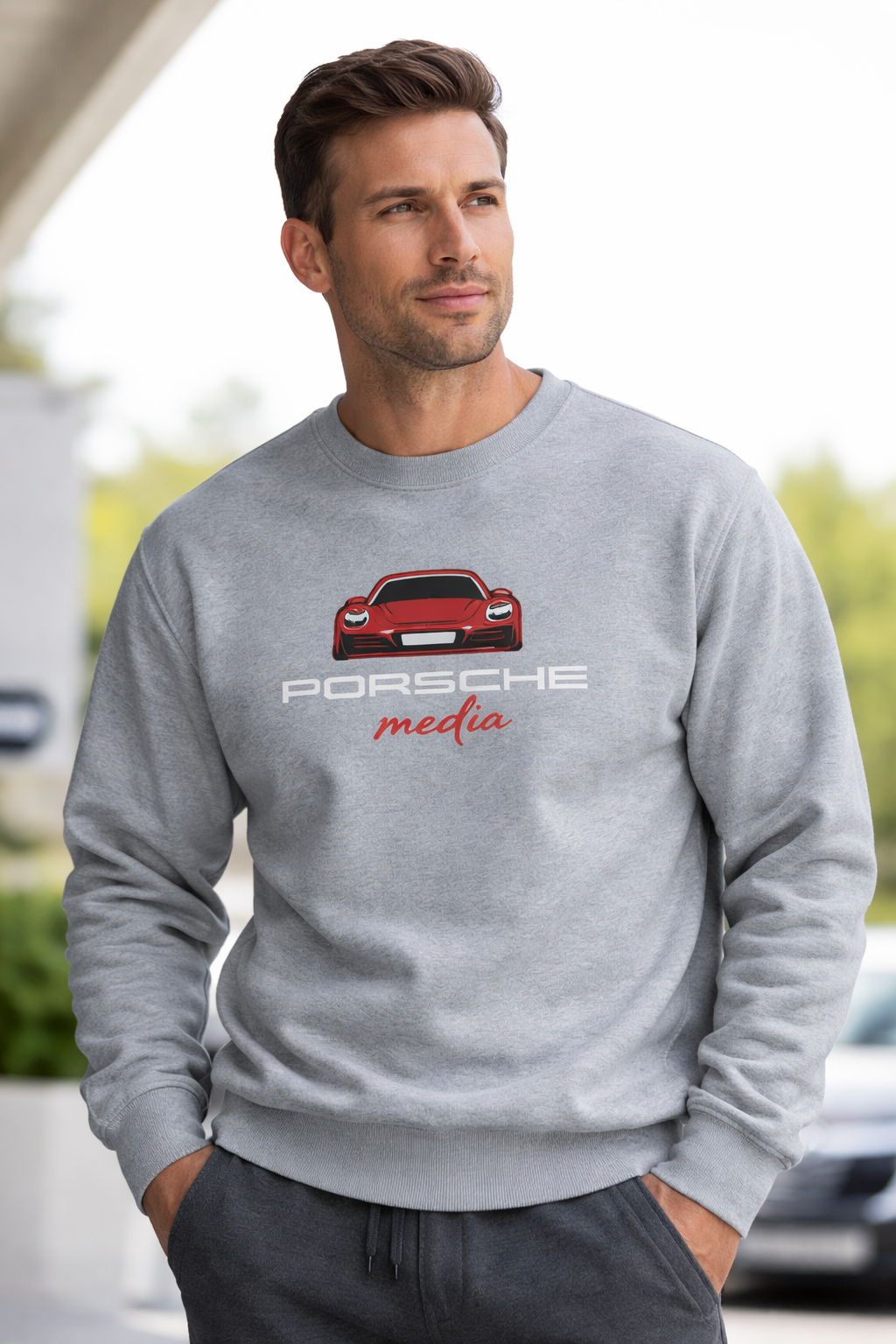 Porsche Media Premium Heather Gray Sweatshirt | Automotive Lifestyle Crewneck