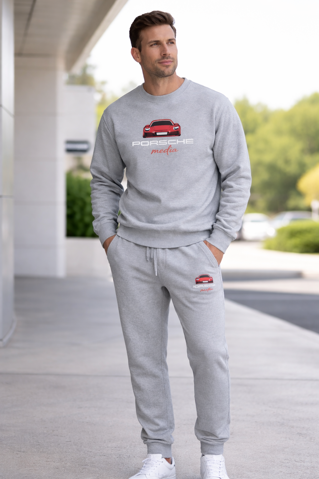 Porsche Media Premium Heather Gray Sweatshirt | Automotive Lifestyle Crewneck